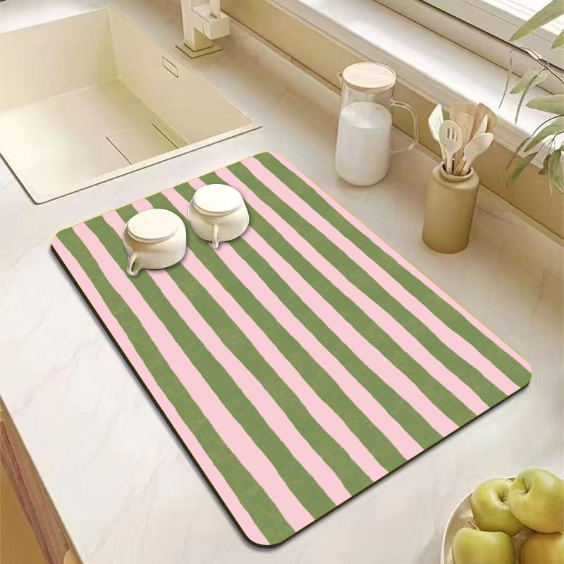 Bar Mat Rubber - แผ่นรองจานลายทางสีชมพูเขียวสวยงาม แผ่นรองจานตกแต่งสำหรับครัว แผ่นรองจานลายสีน้ำน่ารักสำหรับคาเฟ่ บาร์ โต๊ะอาหาร