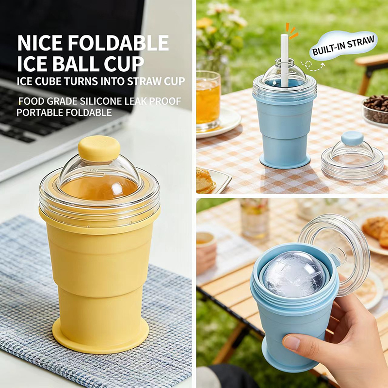Ice Mold Sphere - แก้วน้ำแข็งซิลิโคนพับได้ 2-in-1 BOLTIFY พร้อมฝาปิดและหลอดดูด ใช้ซ้ำได้ พกพาสะดวก